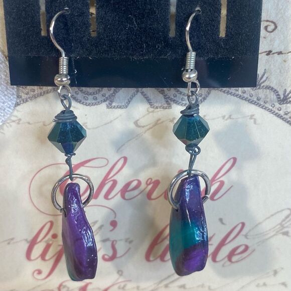 Purple Teal Dangle Earrings Handcrafted NWT Custom Made Lightweight Jewelry - Picture 2 of 5